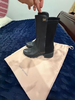 Stuart Weitzman Black Mid-Calf Leather Boots with Gold SW Accent